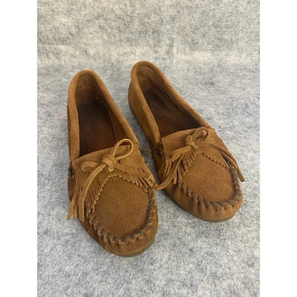 Minnetonka Moccasins Womens 10 Brown Suede Kilty Fringe Driving Loafer Shoes